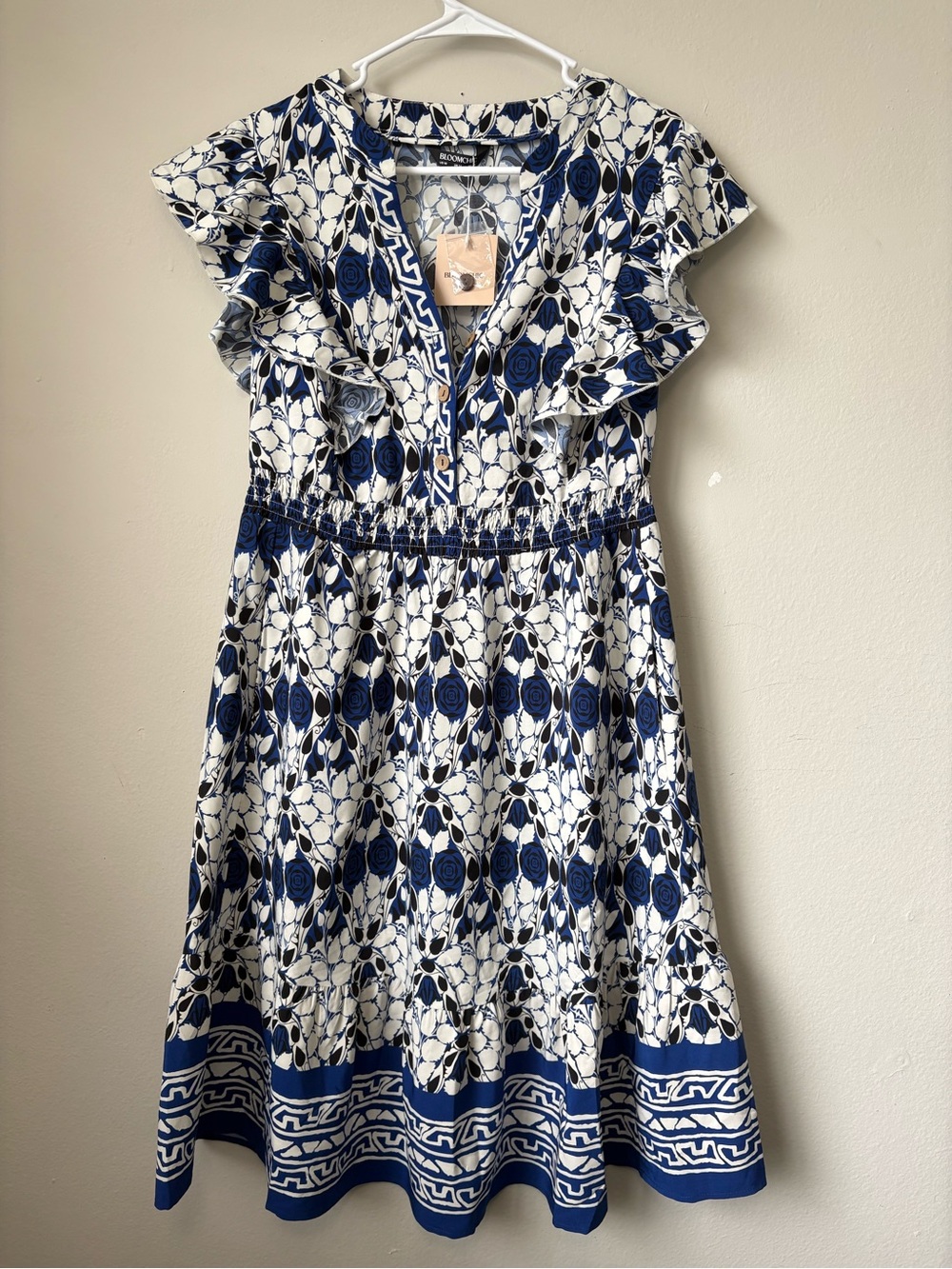 BloomChic NWT Blue White Floral Ruffle Midi Dress Pockets Size 10